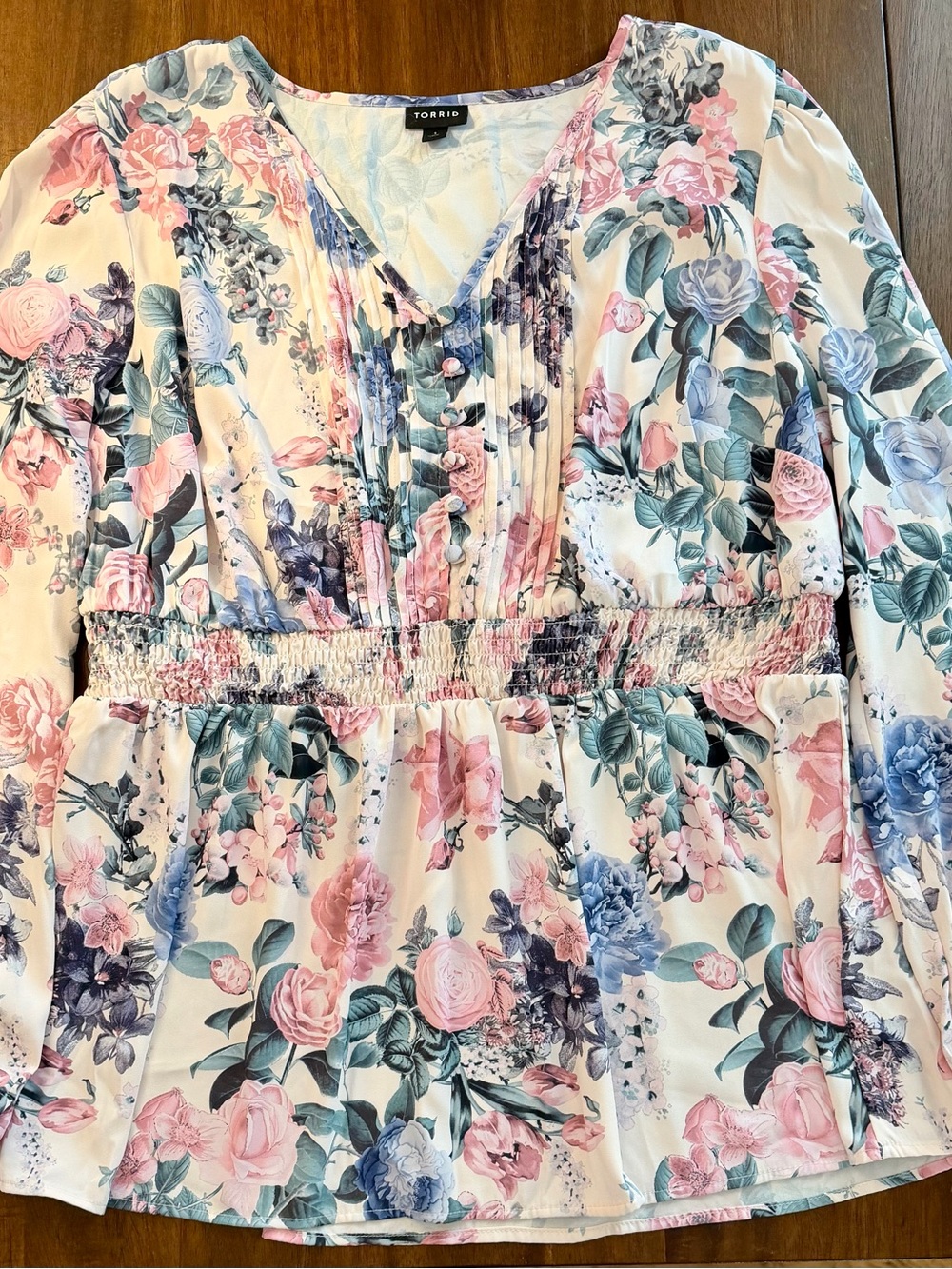 Torrid Cream Floral V-Neck Smocked Waist Blouse - Pink & Blue Flowers